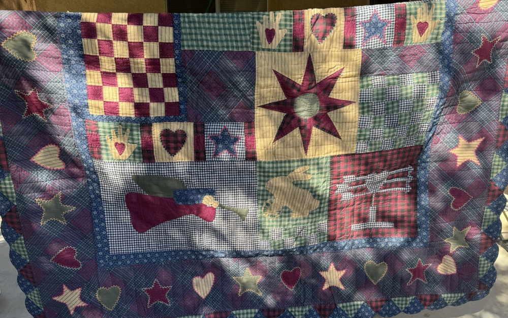Vintage Neosine Primitive Country Patchwork Quilt Full Queen Angels Rabbit Cabin